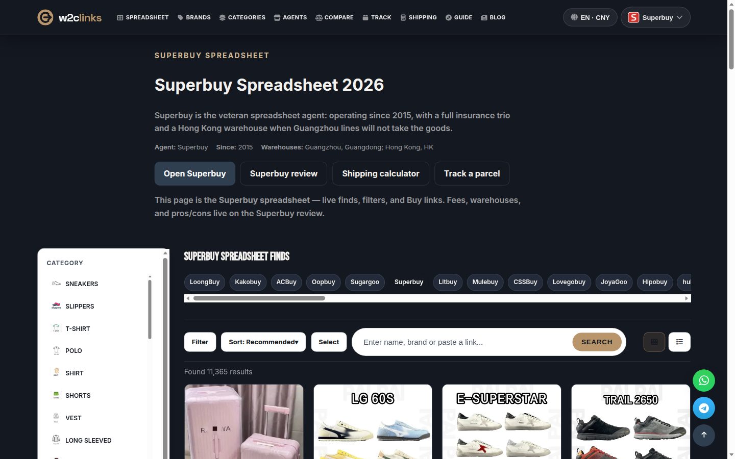 Superbuy catalogue on w2clinks: product cards with photo, brand and reference price